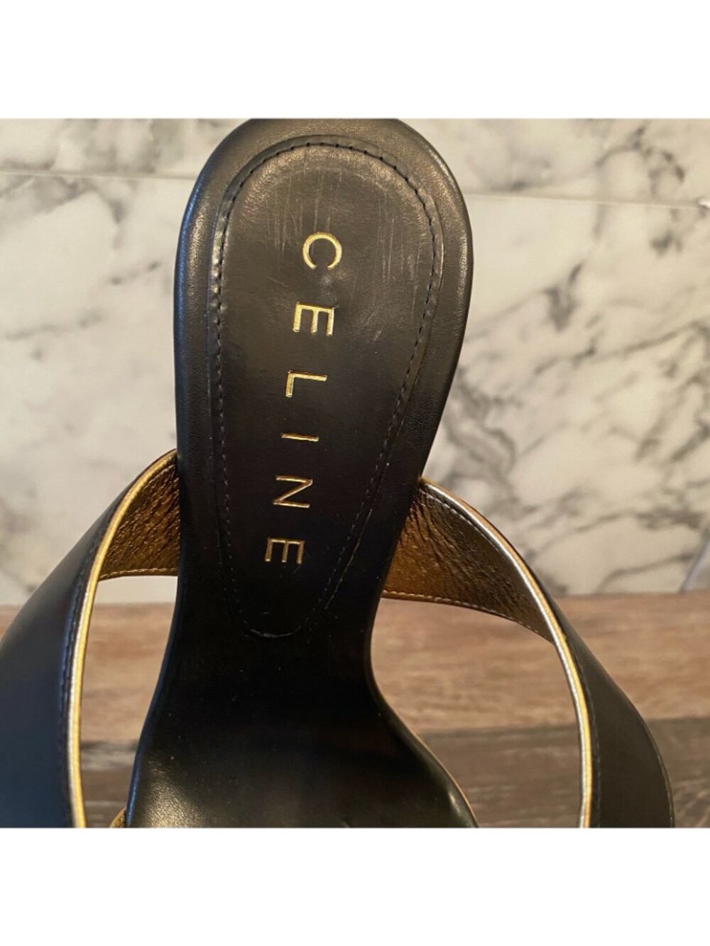 CELINE Black Calfskin Leather & Gold Trim Criss-Cross Open Toe Sandals - US 5 - Picture 11 of 12